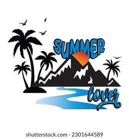 Summer T-Shirt Design, Palm Trees and Mountain landscape Vector