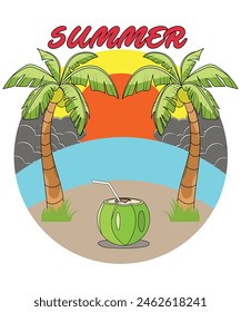 Summer T-shirt design , Palm trees sunset T-shirt design, Summer Days Chill Time coconut drink T-shirt Design
