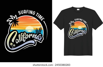 Summer T-shirt Design, Summer paradise,Surf Paradise,Break The Waves,Sea Beach,California Beach, Santa Monica Beach with palm trees silhouettes, typography, print, vector illustration.Global swatches.