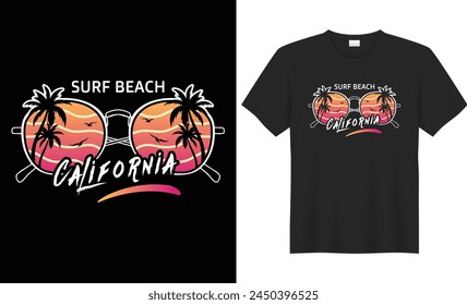 Summer T-shirt Design, Summer paradise,Surf Paradise,Break The Waves,Sea Beach,California Beach, Santa Monica Beach with palm trees silhouettes, typography, print, vector illustration.Global swatches.