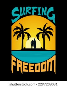Summer Tshirt design a poster for surfing with palm trees and a surfer on the back