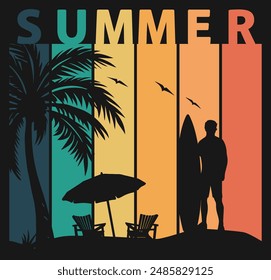 Summer t-shirt design, retro sea, surfer