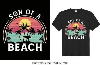 Summer T-shirt Design. Retro vintage California beach summer typography with palm trees sunset beach nature silhouettes vector illustration. Made for summer lovers print poster banner Global swatches.