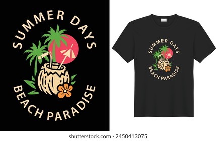 Summer T-shirt Design. Retro vintage California beach summer typography with palm trees sunset beach nature silhouettes vector illustration. Made for summer lovers print poster banner Global swatches