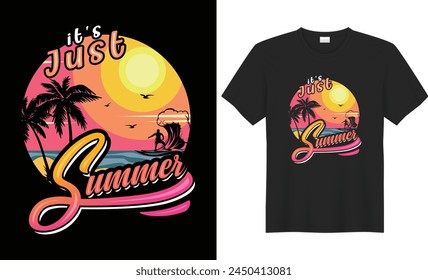 Summer T-shirt Design. Retro vintage California beach summer typography with palm trees sunset beach nature silhouettes vector illustration. Made for summer lovers print poster banner Global swatches
