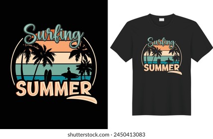 Summer T-shirt Design. Retro vintage California beach summer typography with palm trees sunset beach nature silhouettes vector illustration. Made for summer lovers print poster banner Global swatches