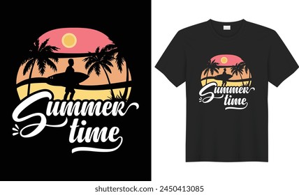 Summer T-shirt Design. Retro vintage California beach summer typography with palm trees sunset beach nature silhouettes vector illustration. Made for summer lovers print poster banner Global swatches