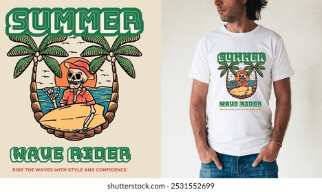 design de camiseta de verão exibindo um crânio segurando uma prancha de surfe contra um pano de fundo retro do pôr do sol, com a tipografia arrojada "Summer Wave Rider". Ideal para vestuário com temas de surf e acessórios de praia de verão