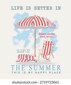 La vida de la tipografía del eslogan del diseño de la camiseta del verano es una playa y disfruta del verano con el paraguas en la ilustración de la vendimia de la silla de playa