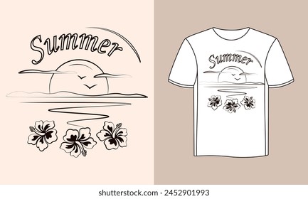 Summer t-shirt design with sunset and flowers in scketch style. Decorative print for t-shirt, insignia, emblem, flat vector illustration.
