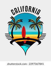 Summer t-shirt design, A surfboard with a surfboard and a palm tree on it.
