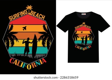 Summer T-Shirt Design Surfing Beach California T-Shirt Design
Retro, Summer, Beach, Drink, Tree, Surfing, Sky,
Nature, Travel, Texture, Shirt, Sport, Vintage, 
typography, Sun, Sunset,Water, Beauty, F