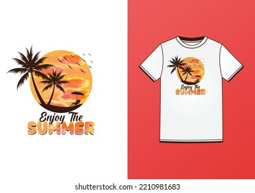 Summer T-Shirt Design Template, Vector T-Shirt, Fashion, Apparel, Free Vector, Summer Vibes, Sea Beach, Sun Set, Coconut Tree, Relax