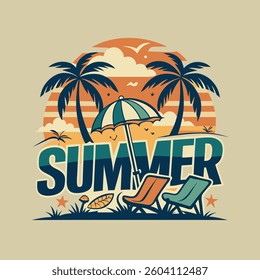 SUMMER T-Shirt Design – Tropical Beach Vibes with Palm Trees and Ocean View