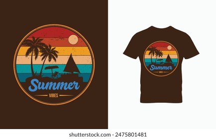 Summer T-shirt Design, Summer vibes poster for t-shirt print. sunset Free Vector 