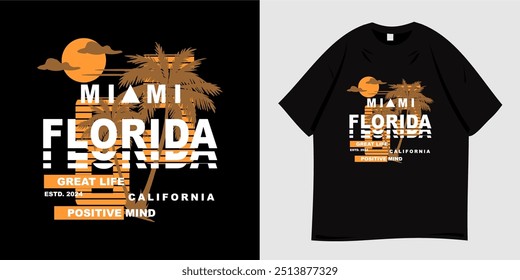 Summer t-shirt graphic design ready to print. Typography style, retro, Vibes holiday at the beach, sea, palm trees and sunset, nature, tropical, paradise. Vector illustration.