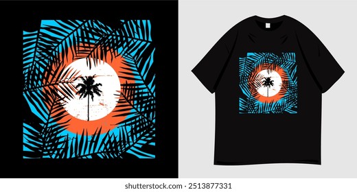 Summer t-shirt graphic design ready to print. Typography style, retro, Vibes holiday at the beach, sea, palm trees and sunset, nature, tropical, paradise. Vector illustration.