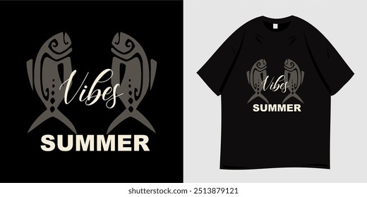 Summer t-shirt graphic design ready to print. Typography style, retro, tropical fish symbol, beach holiday, sea, palm trees and sunset, nature, tropical, paradise. Vector illustration.