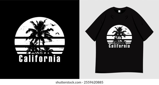 Summer t-shirt graphic design ready to print. Typography style, retro, Beach vacation vibes, sea, silhouette, palm trees and sunset, nature, tropical, paradise. Vector illustration.