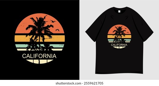 Summer t-shirt graphic design ready to print. Typography style, retro, Beach vacation vibes, sea, silhouette, palm trees and sunset, nature, tropical, paradise. Vector illustration.