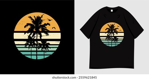 Summer t-shirt graphic design ready to print. Typography style, retro, Beach vacation vibes, sea, silhouette, palm trees and sunset, nature, tropical, paradise. Vector illustration.