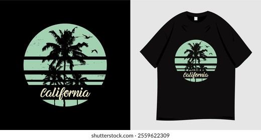 Summer t-shirt graphic design ready to print. Typography style, retro, Beach vacation vibes, sea, silhouette, palm trees and sunset, nature, tropical, paradise. Vector illustration.