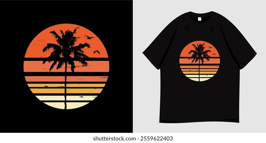 Summer t-shirt graphic design ready to print. Typography style, retro, Beach vacation vibes, sea, silhouette, palm trees and sunset, nature, tropical, paradise. Vector illustration.