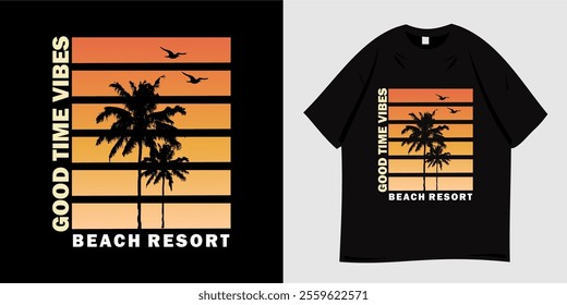 Summer t-shirt graphic design ready to print. Typography style, retro, Beach vacation vibes, sea, silhouette, palm trees and sunset, nature, tropical, paradise. Vector illustration.