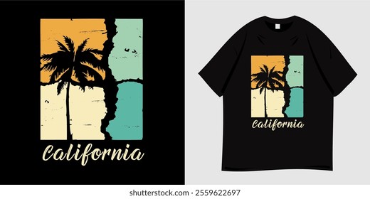 Summer t-shirt graphic design ready to print. Typography style, retro, Beach vacation vibes, sea, silhouette, palm trees and sunset, nature, tropical, paradise. Vector illustration.