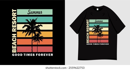 Summer t-shirt graphic design ready to print. Typography style, retro, Beach vacation vibes, sea, silhouette, palm trees and sunset, nature, tropical, paradise. Vector illustration.