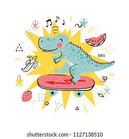 Summer T-shirt print design for kids fashion with Cute Dinosaur. Hand drawn doodle Dinosaur Skater. Cartoon Animal vector illustration