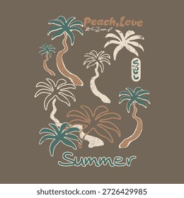 Summer T-shirt print Design. palm tree artwork for girl's, boy's fashion. vintage grunge texture effects this print. hand drawn line art tree
