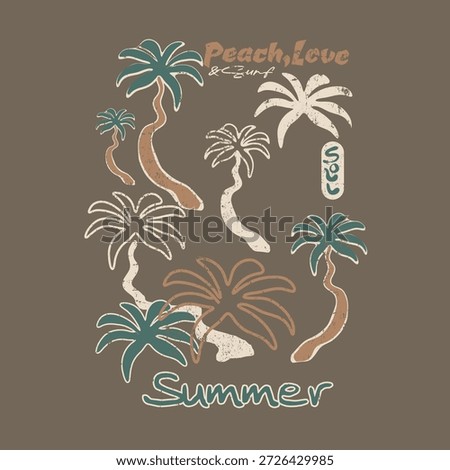 Summer T-shirt print Design. palm tree artwork for girl's, boy's fashion. vintage grunge texture effects this print. hand drawn line art tree