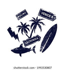 Summer t-shirt print.Fun t-shirt design.Surfboard,shark,palm,road board vector illustration.Textile graphics, print.