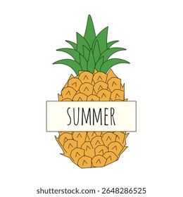 Summer t-shirt print. Vector illustration of simple flat pineapple with Summer text frame. Pineapple isolated transparent background. Perfect Summer card poster cover template design. EPS 10