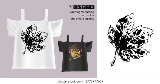 Summer t-shirts with print. Vector illustration of a maple leaf imprint. Fashion women clothes.