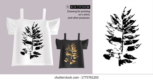 Summer t-shirts with print. Vector illustration of a rowan leaf print. Fashion women clothes.