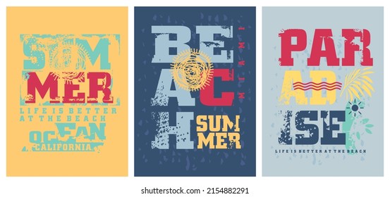 Summer t-shirts prints layout for clothing collection. Life is better at the beach. Summer paradise apparel prints and vector graphics.