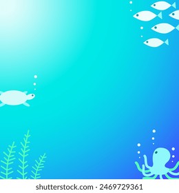 Summer turquoise template with turtle, fish, octopus,  seaweeds and copy space. Underwater life. Flat vector illustration for card, poster, banner.