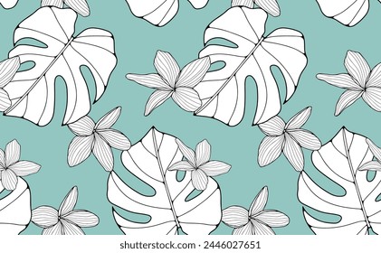 Vector tropical turquesa de verano sin patrón con hojas y flores de monstruos en blanco y negro. Patrón para textiles, papel de embalaje, Fondo de pantalla, cubiertas y cajas.