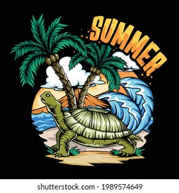 Summer turtle on beach and coconut tree with surfboard and dusk sky