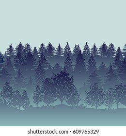 Summer twilight forest trees silhouettes background vector illustration in dark blue.