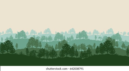 Summer twilight forest trees silhouettes background vector illustration in green color 