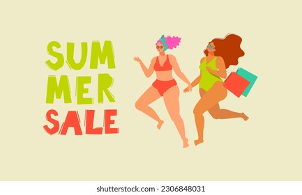 Summer, two girls in swimsuits, body-positive run to the sale. Summer Sale. Perfect background for posters, covers, flyers, banners.