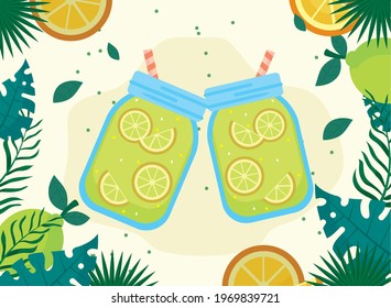 Summer two lemonades with leaves