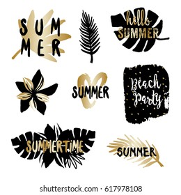 Summer typographic design elements with tropical leaves and flowers in gold and black, isolated on white background.