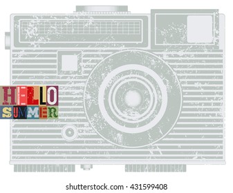Summer typographic retro grunge poster with camera. Vector illustration.