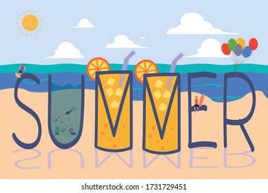 Summer typographic vector concept: Summer poster design with orange juice, balloons, people diving and surfing