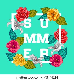 Summer Typographical Background With Flowers.