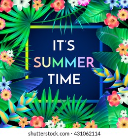 Summer Typographical Background With Tropical Plants
